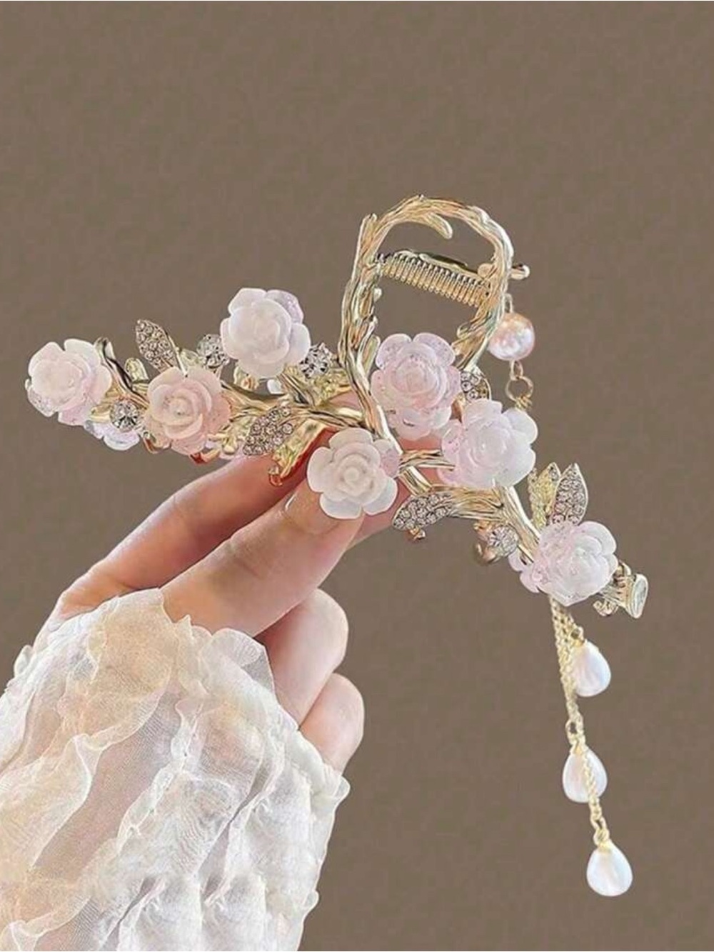Gold Pink Floral Hair Claw with Pearl Drops